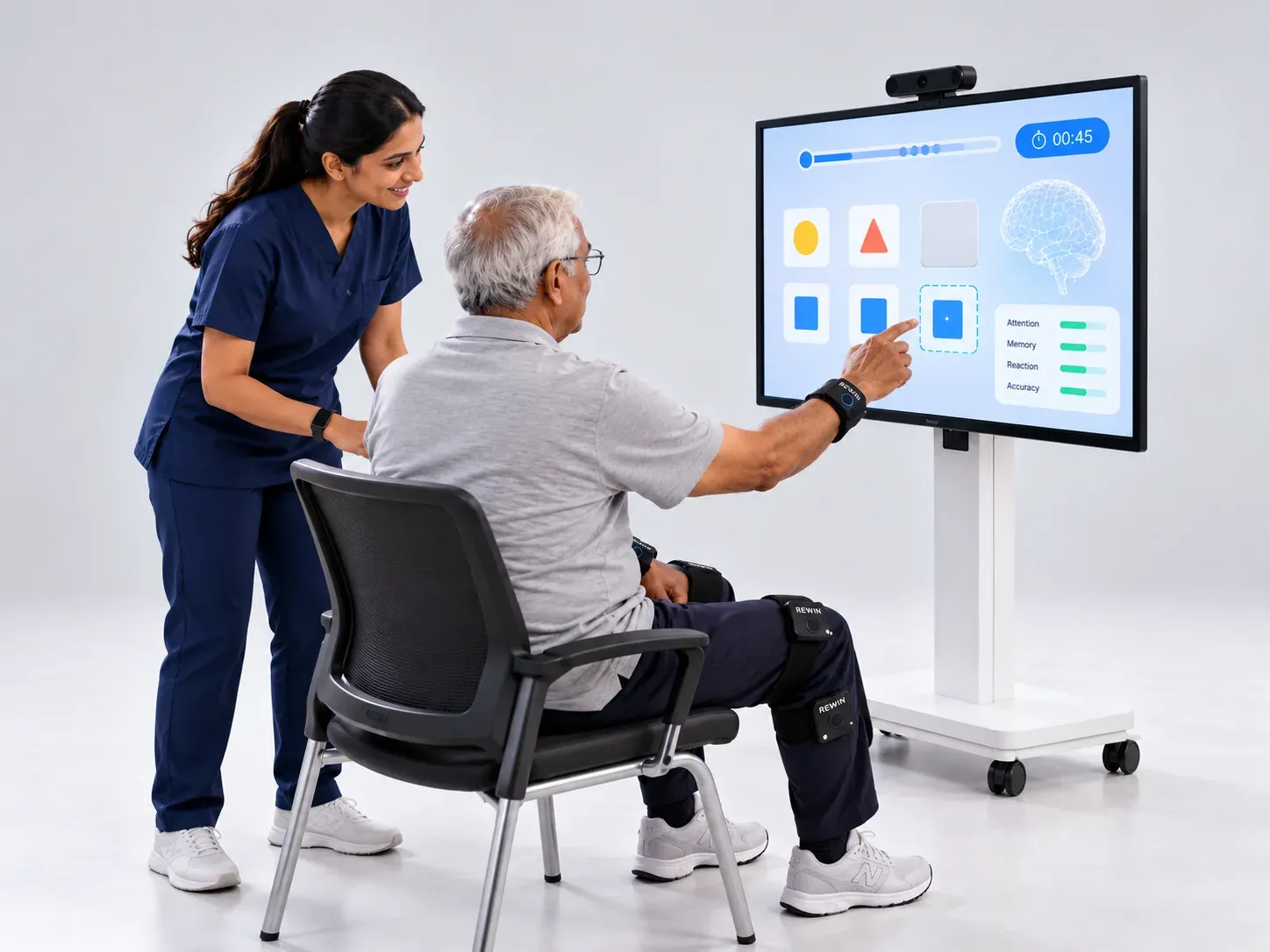An older patient seated at the Rewin Cognex touch screen working through a cognitive exercise while his therapist encourages him