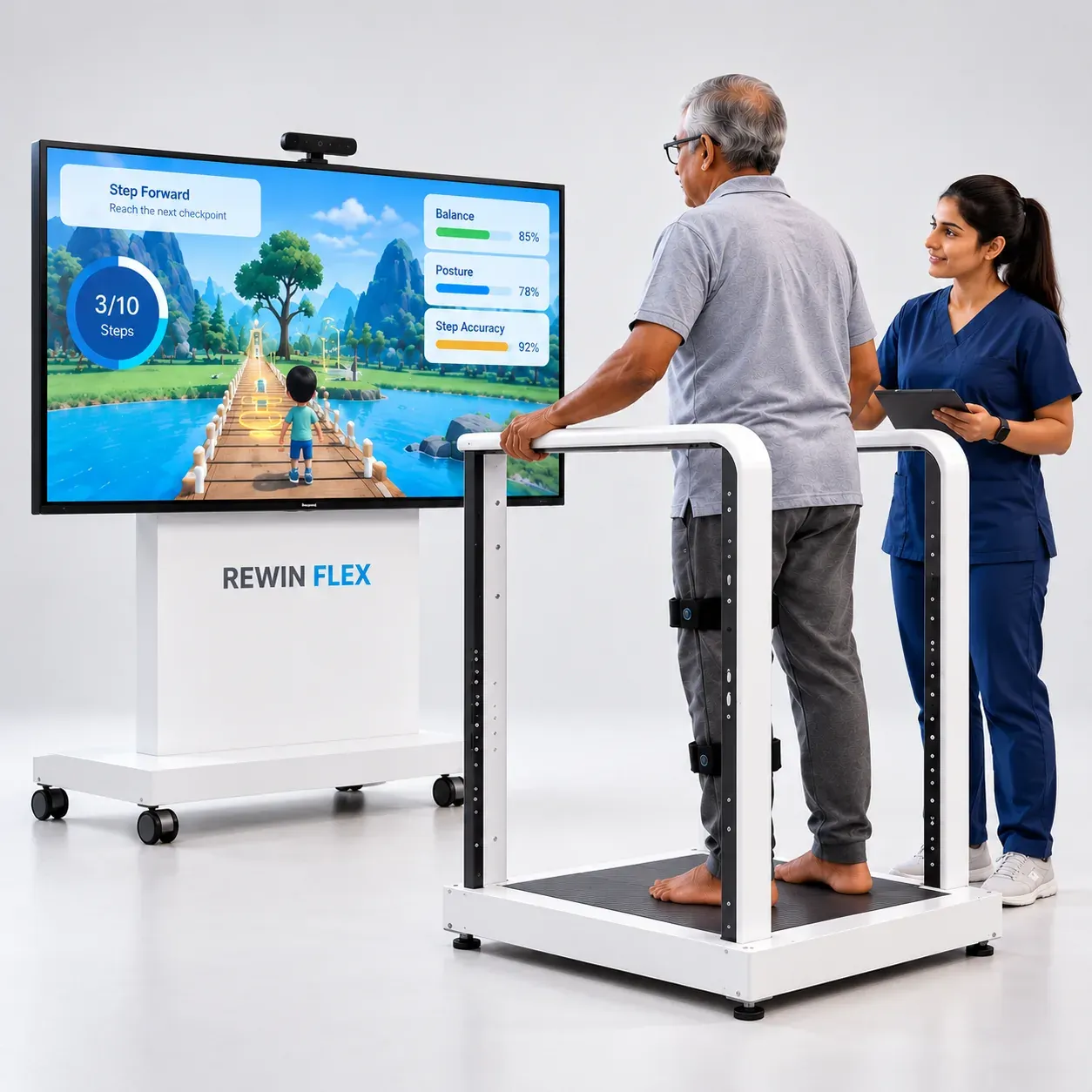 A senior patient standing in the Rewin Flex support frame with leg sensors, playing a step game on the Flex Pro screen while his physiotherapist tracks progress on a tablet