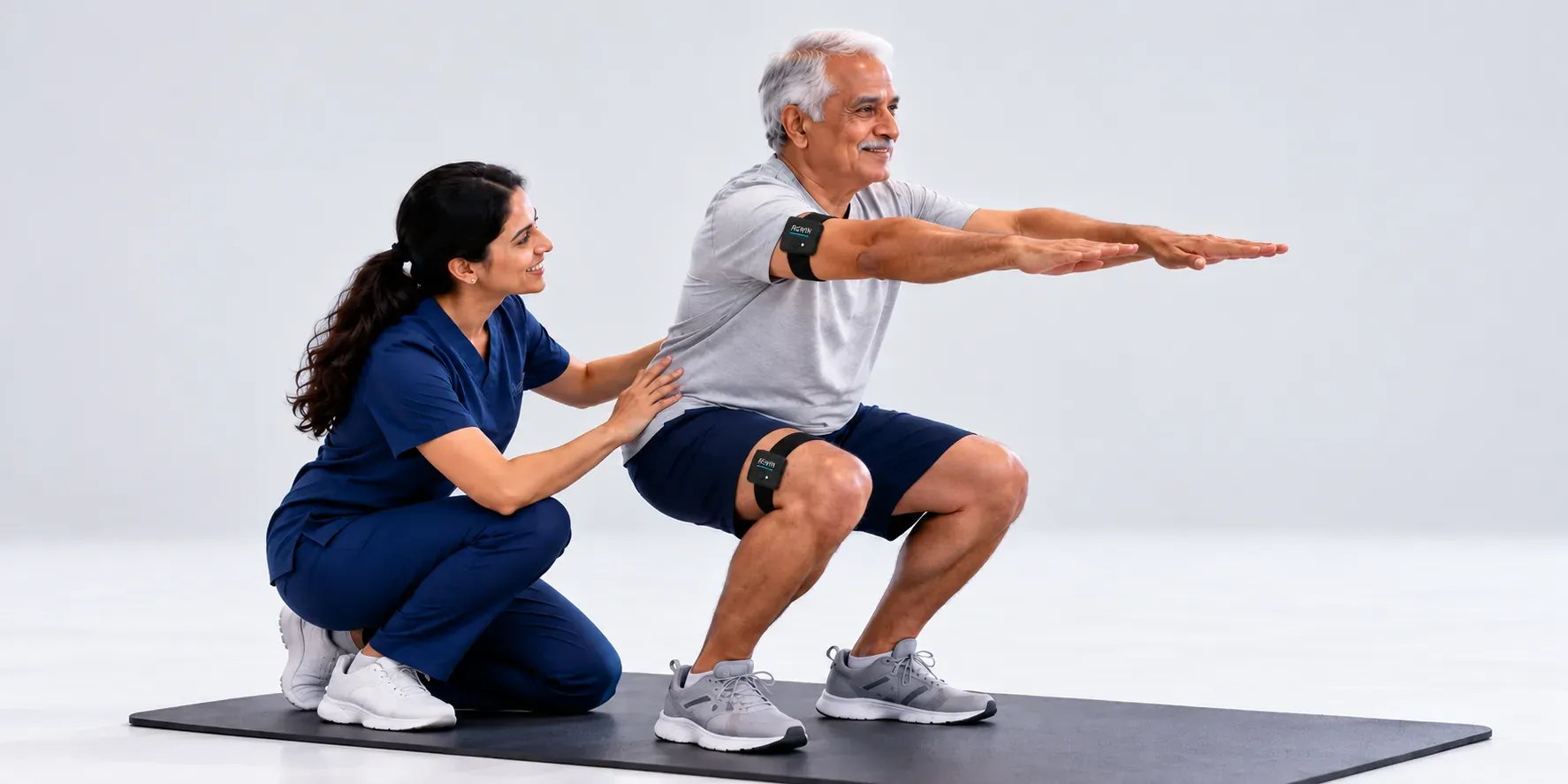 A physiotherapist guiding a senior man through a supported squat with Rewin motion sensors on his arms and legs