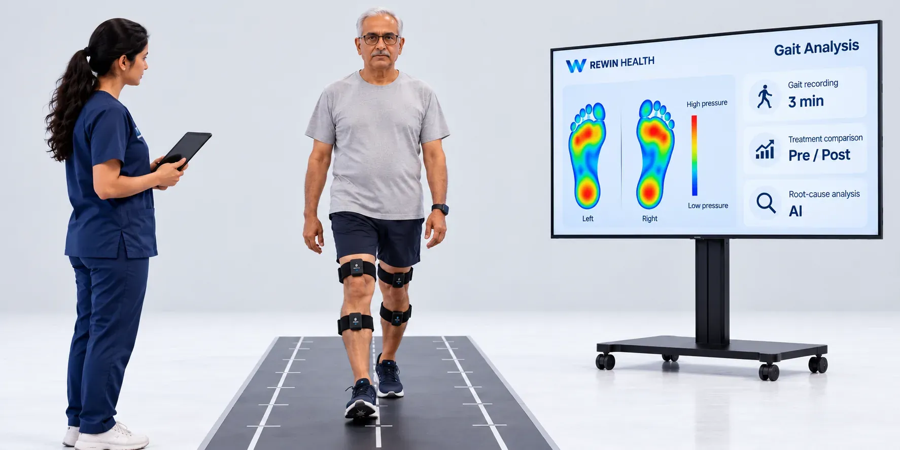 A patient walking along the Rewin Gait sensor walkway in knee sensors, with foot-pressure maps on the screen and his therapist watching