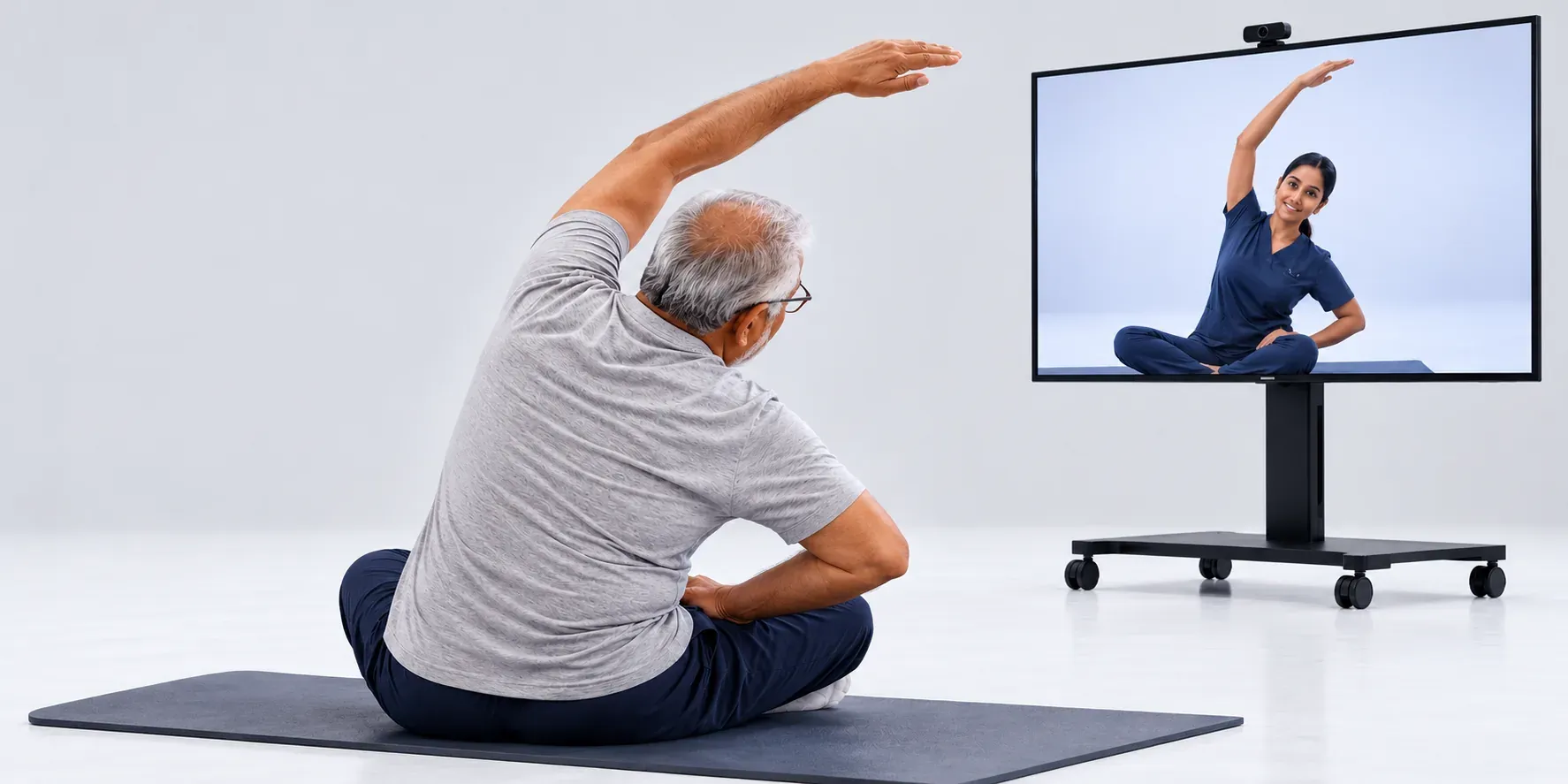 A senior man doing a guided side-stretch on a mat while a physiotherapist leads the session on screen