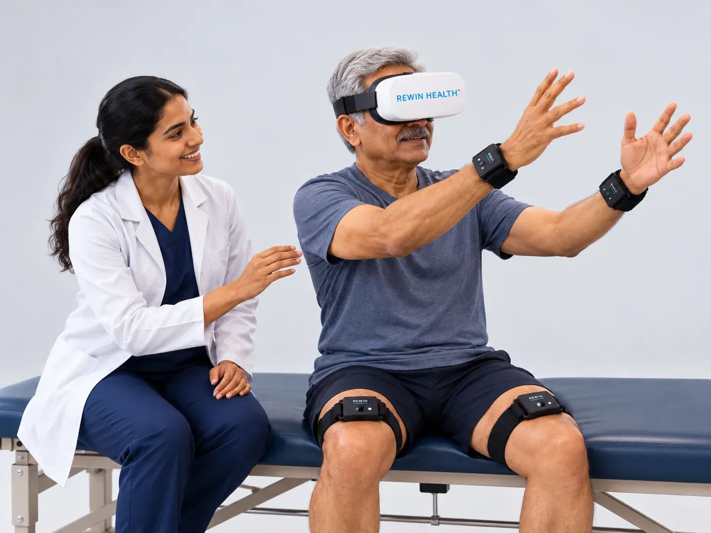 A patient in the Rewin VR headset with wrist and knee motion sensors reaching forward during a VR exercise while his doctor encourages him