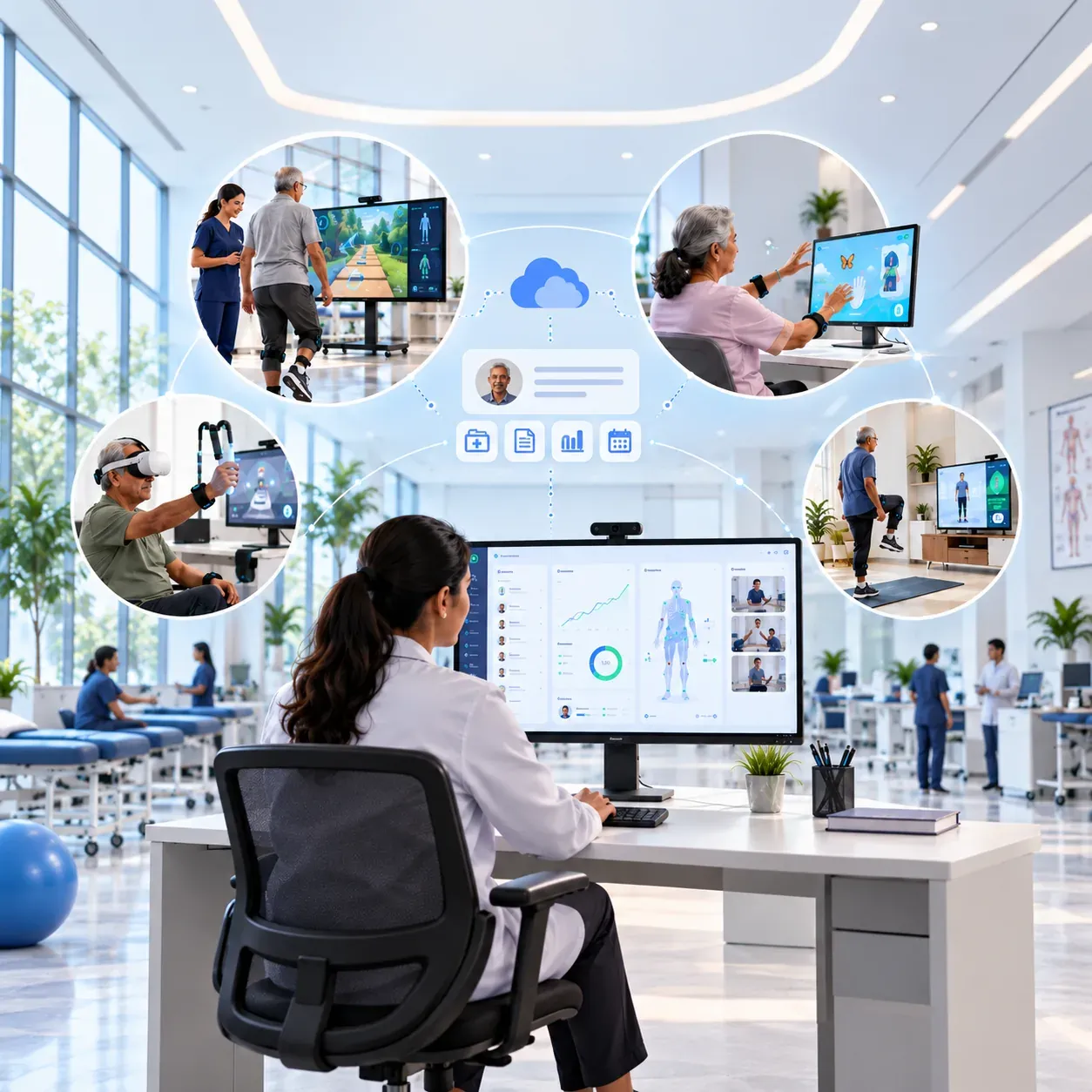 A clinician at a Rewin dashboard connected to patients training with VR, Flex, Cognex and Gait across the department