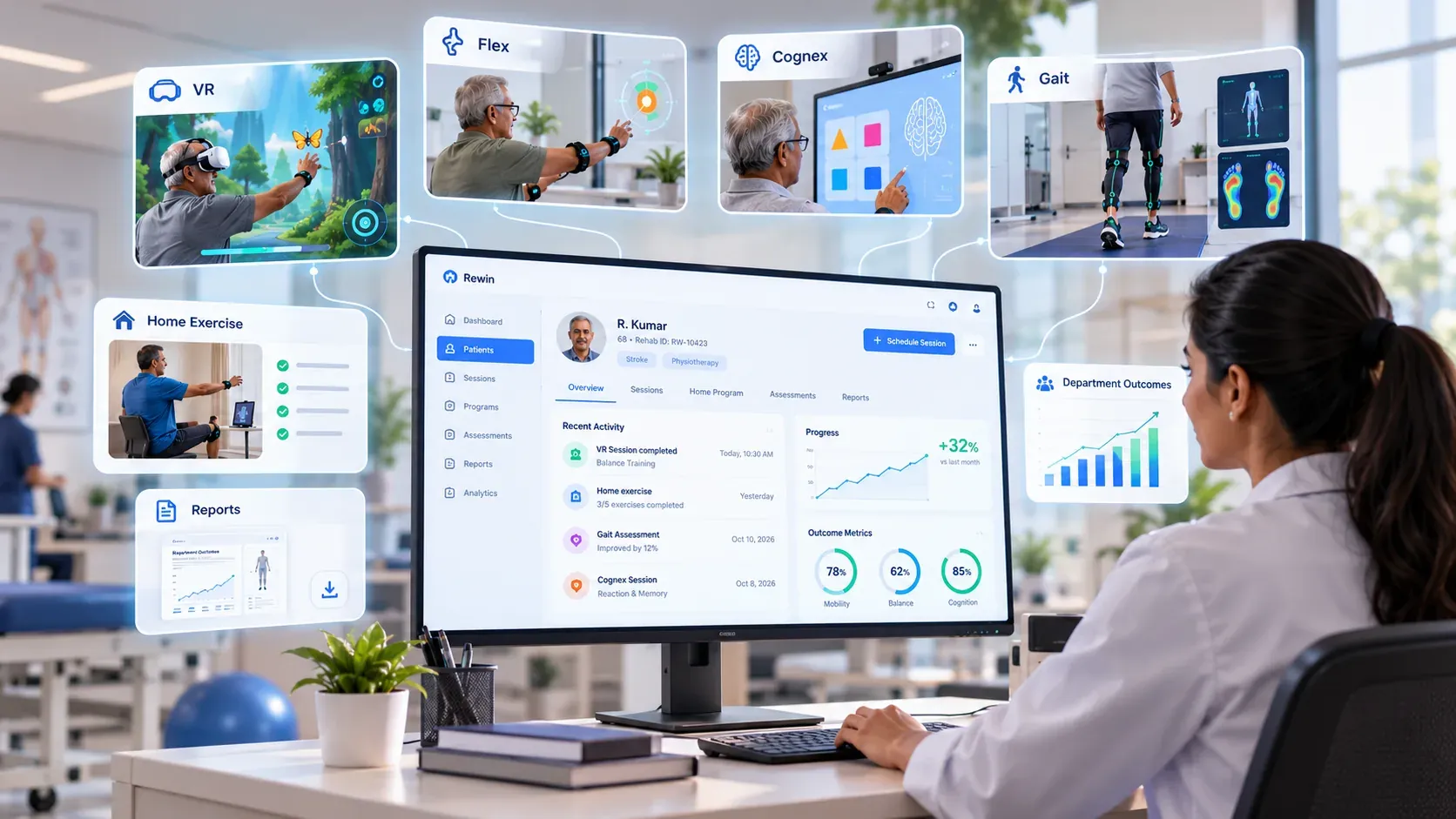 A therapist at the Rewin therapist suite: one patient record with VR, Flex, Cognex and Gait sessions, home exercise, reports and department outcomes