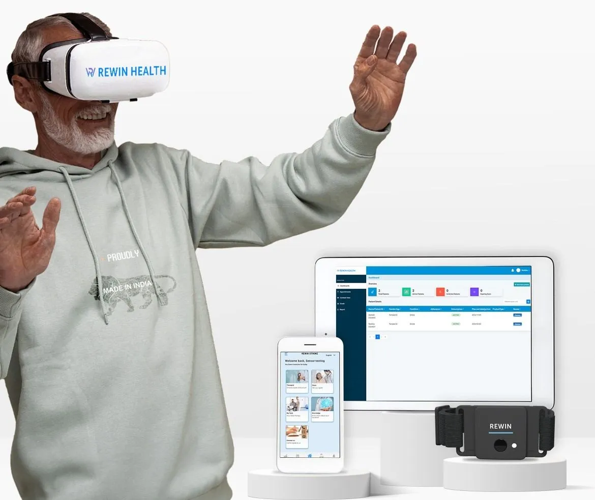 The Rewin VR headset, motion sensor, therapist dashboard and patient app