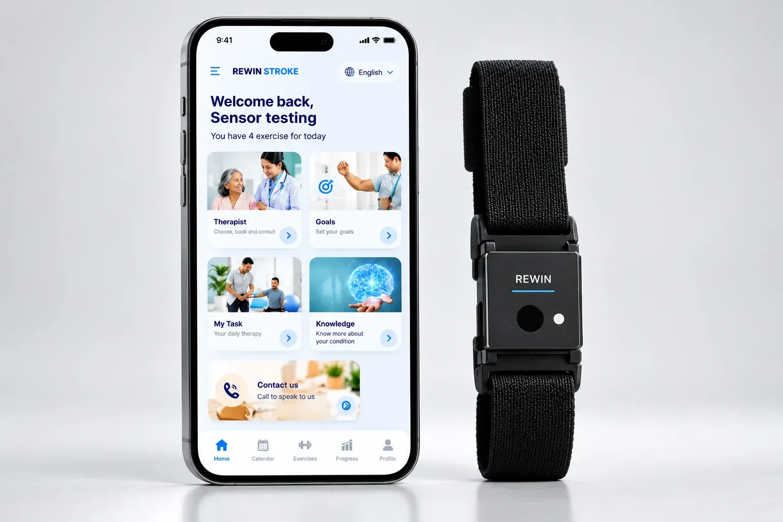 The Rewin Patient Companion app on a phone beside the Rewin motion sensor strap