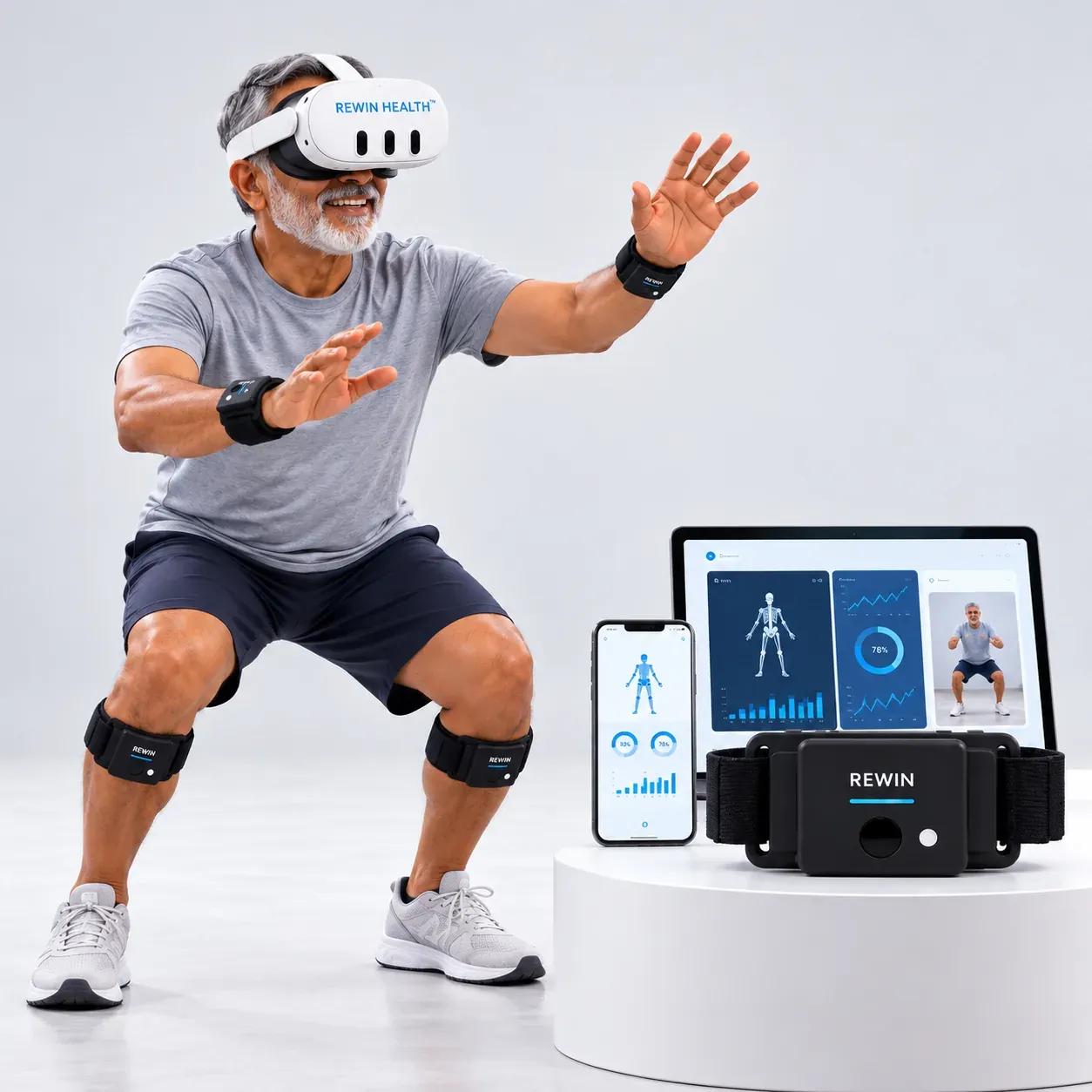 A patient in the Rewin VR headset with wrist and knee motion sensors doing a VR squat exercise, beside the Rewin motion sensor, Patient Companion app and therapist tablet