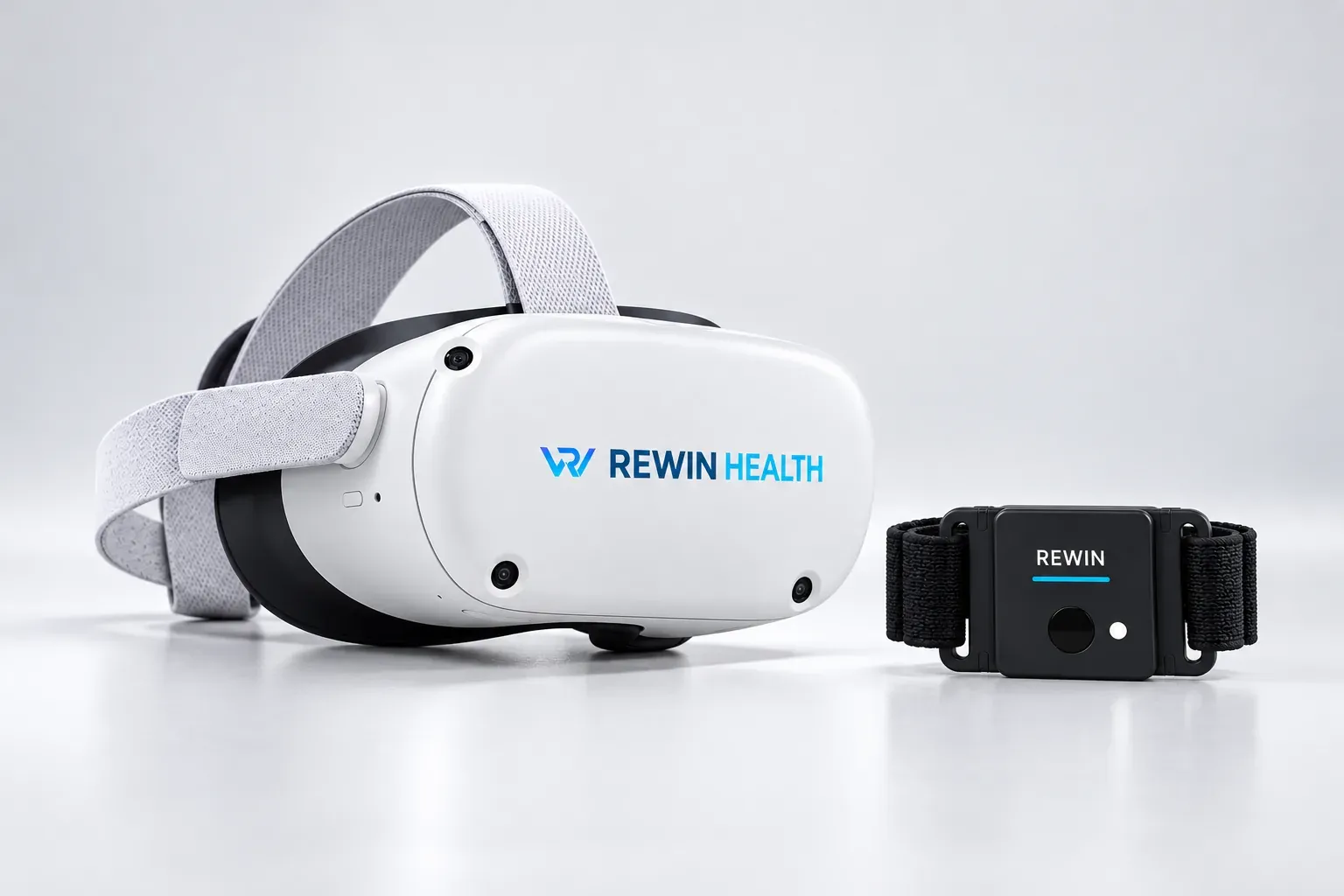The Rewin VR headset beside the Rewin wearable motion sensor